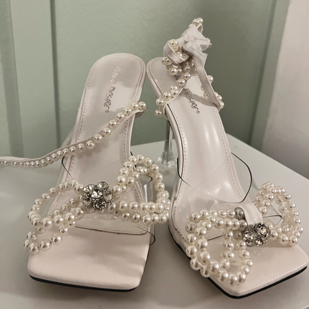 Public Desire White Pearl Bow Heels